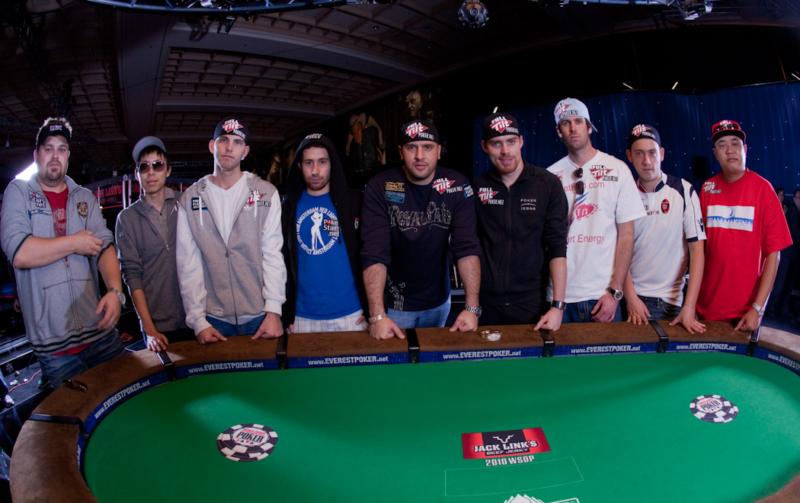 2010 November Nine -- (left to right) Jason Sentl, Joseph Cheong, John Dolan, Jonathan Duhamel, Michael Mizrachi, Matthew Jarvis, John Racener, Filippo Candio, Soi Nguyen
